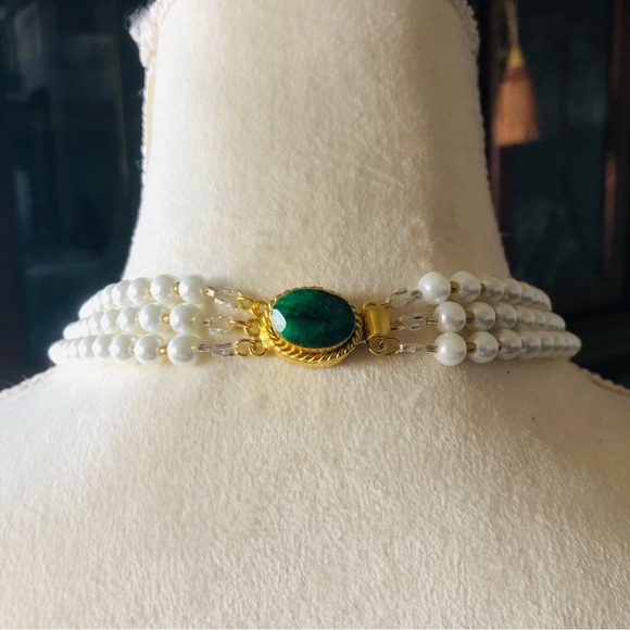 Handcrafted filigree teardrop Czech Pearl genuine emerald stone clasp necklace - Picture 7 of 11